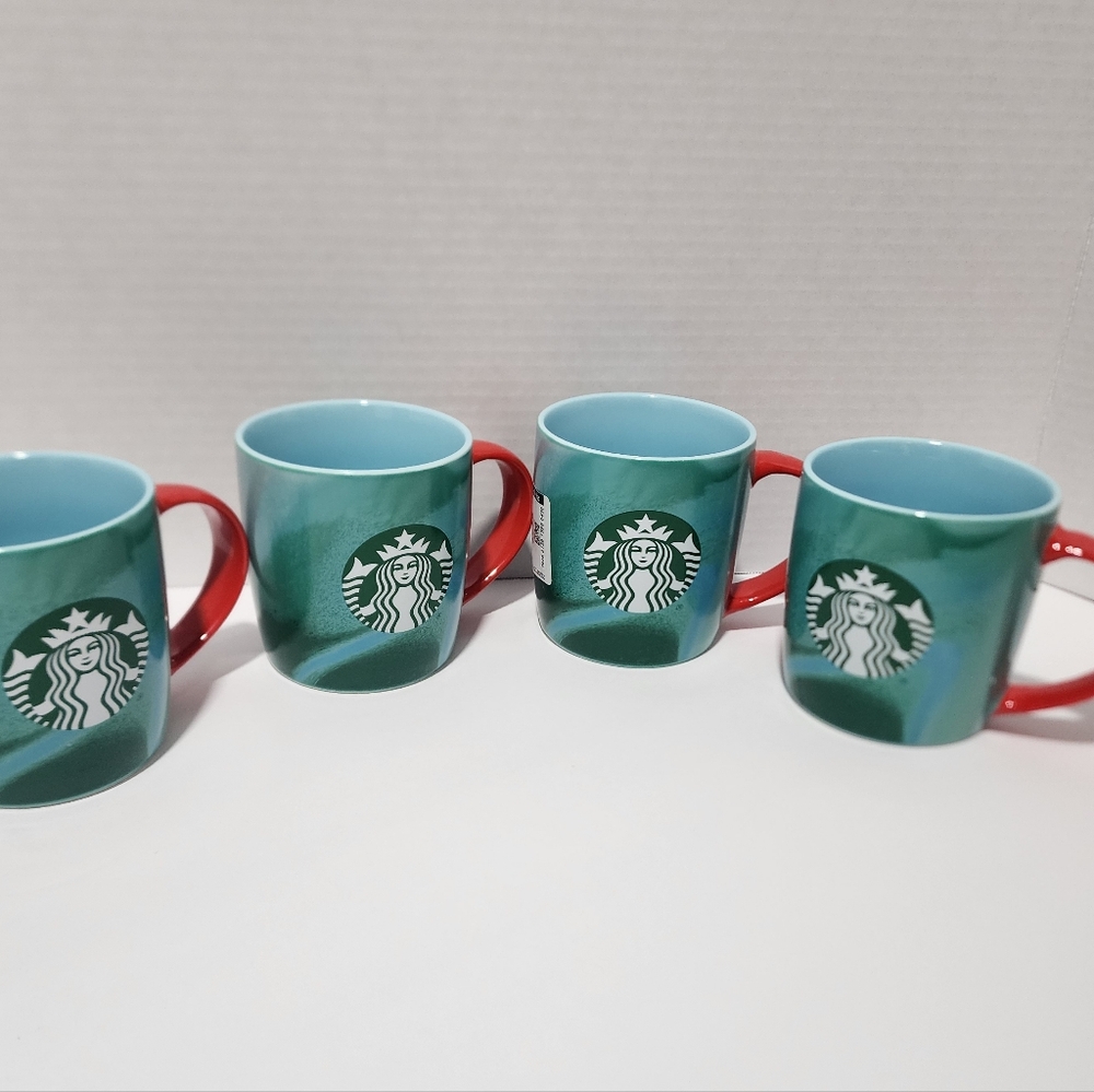 Set of 4 - Starbucks 2024 Blue Green Marbled Coffee Mug  11 Oz Red Handle Cup